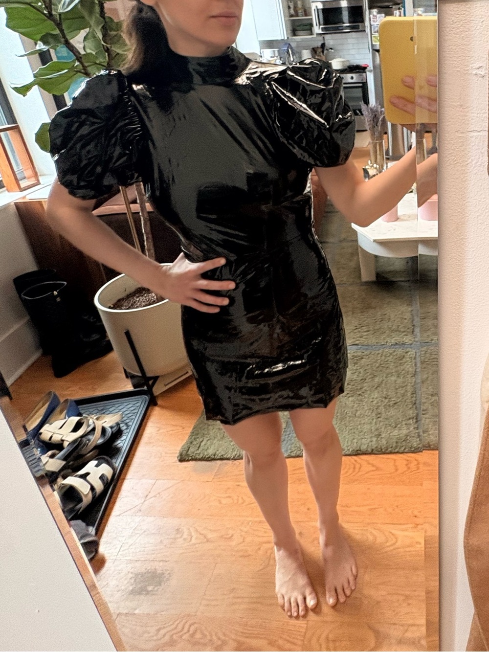Black Open-Back Puff Sleeve Mini Dress